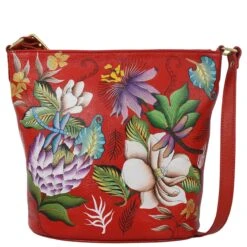 Hand-Painted Cardinals Leather Bucket Bag -The J Peterman Shop hand painted cardinals leather bucket bag floral crimson 735331