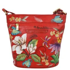 Hand-Painted Cardinals Leather Bucket Bag -The J Peterman Shop hand painted cardinals leather bucket bag floral crimson 857242