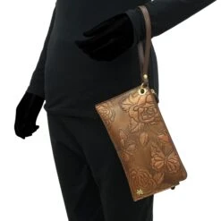 Hand-Painted Embossed Leather Wristlet -The J Peterman Shop hand painted embossed leather wristlet rose bronze 974984
